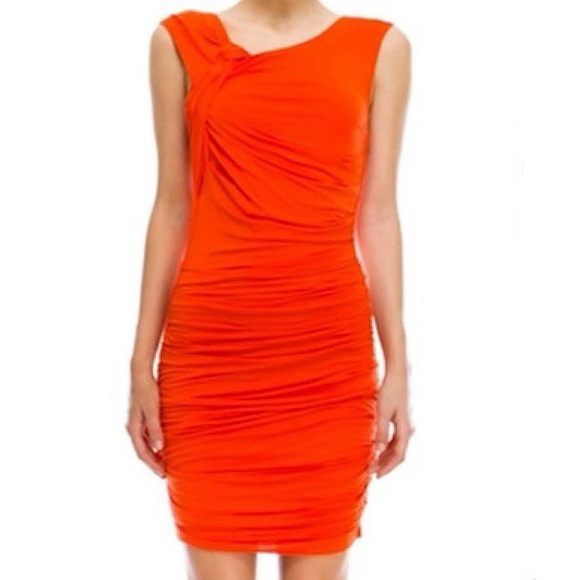 Orange Ruched Jersey Bodycon Mini Dress – Sleeveless Summer Style - Picture 1 of 11